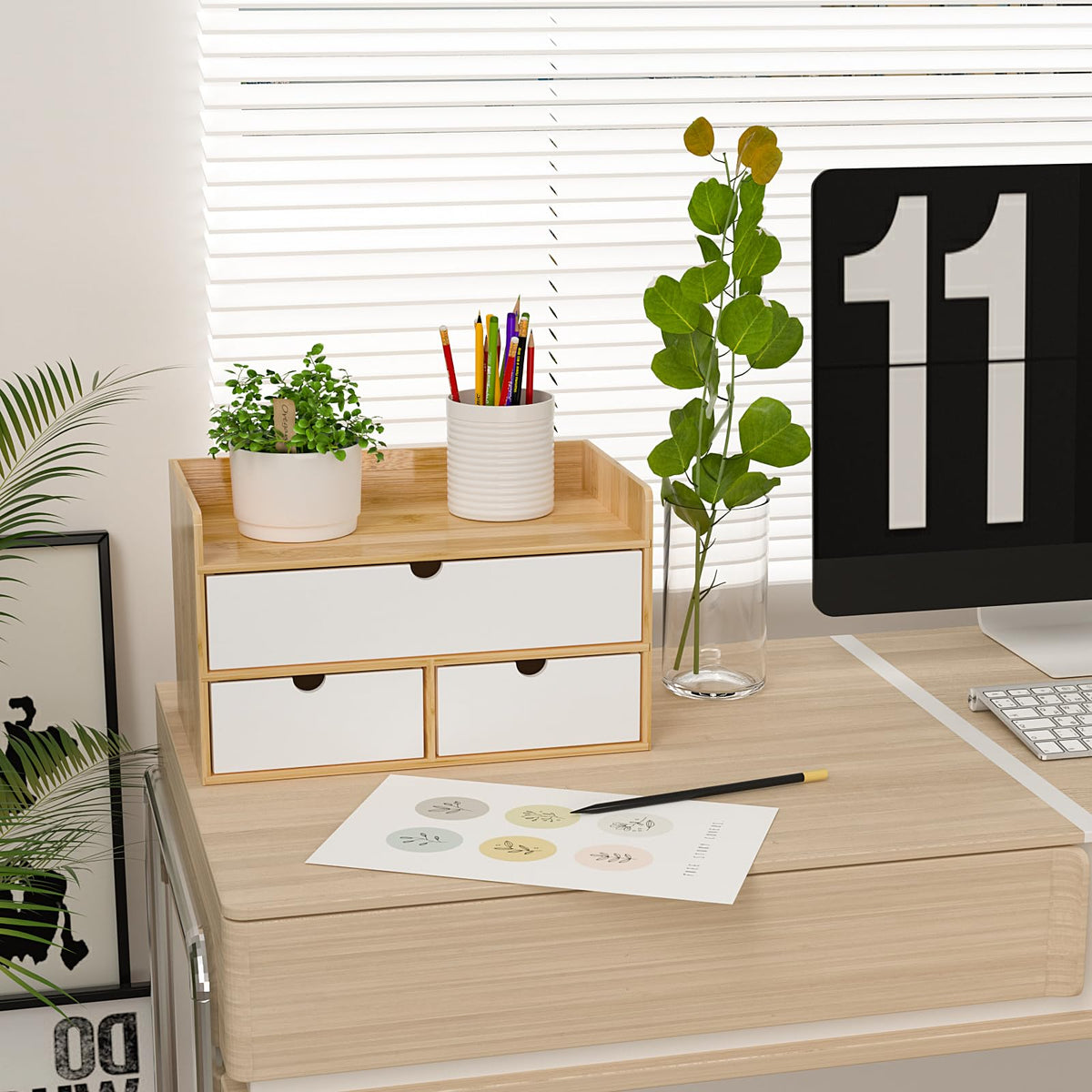 Bamboo Desk Organizer with Drawers, Desktop Storage for Office Supplies