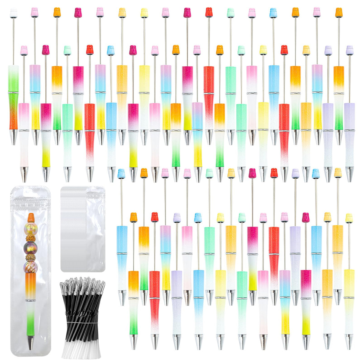 DASTTUIS 150 Pieces DIY Beadable Pens Kit - 50 plastic Beadable Pens Bulk, Refills & pen bags