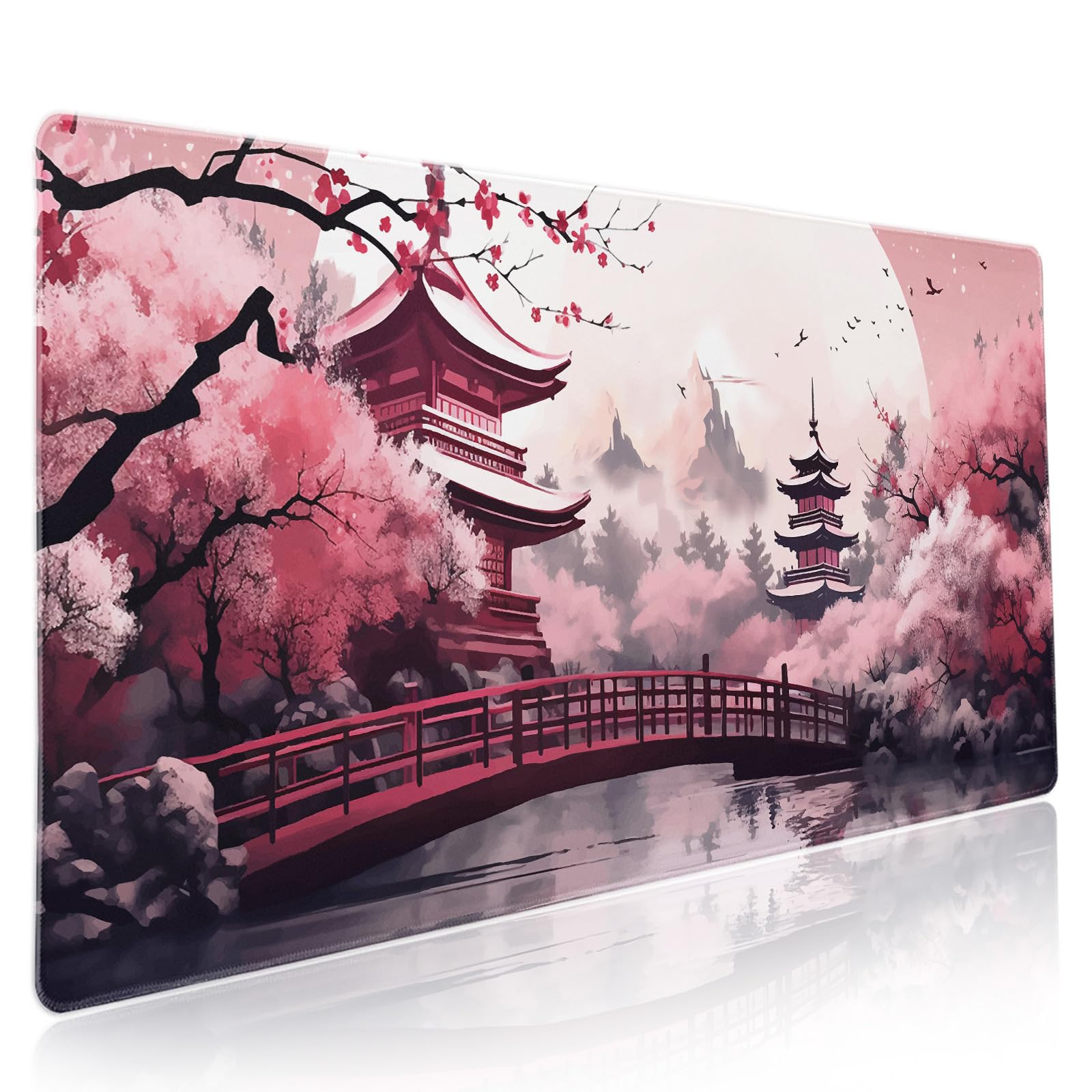 Pink Japanese Cherry Blossom Large Mouse Pad XXL Sakura Forest Tree Sun Tower Mountain Extended