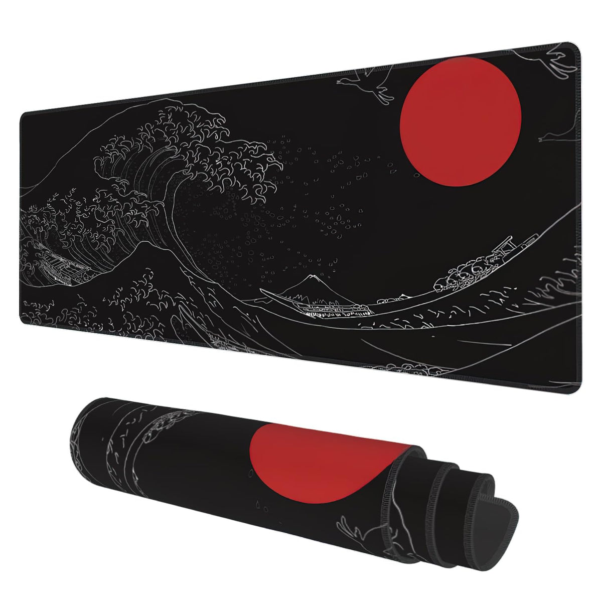 Desk Mat, Black Japanese Style Wave and Red Sun Extended Gaming Mouse Pad Large, 31.5"x11.8" Big