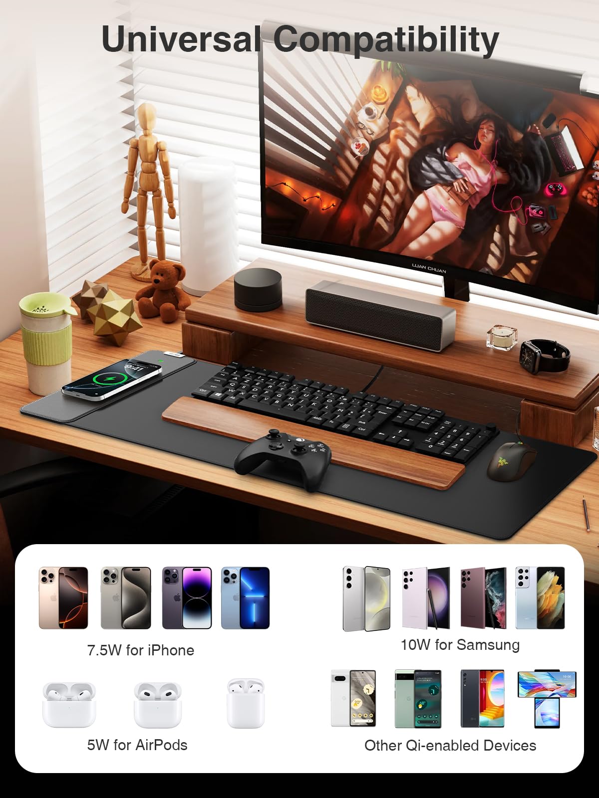Magnetic Wireless Charging Mouse Pad, 31.5"x11.8" Large Desk Mat