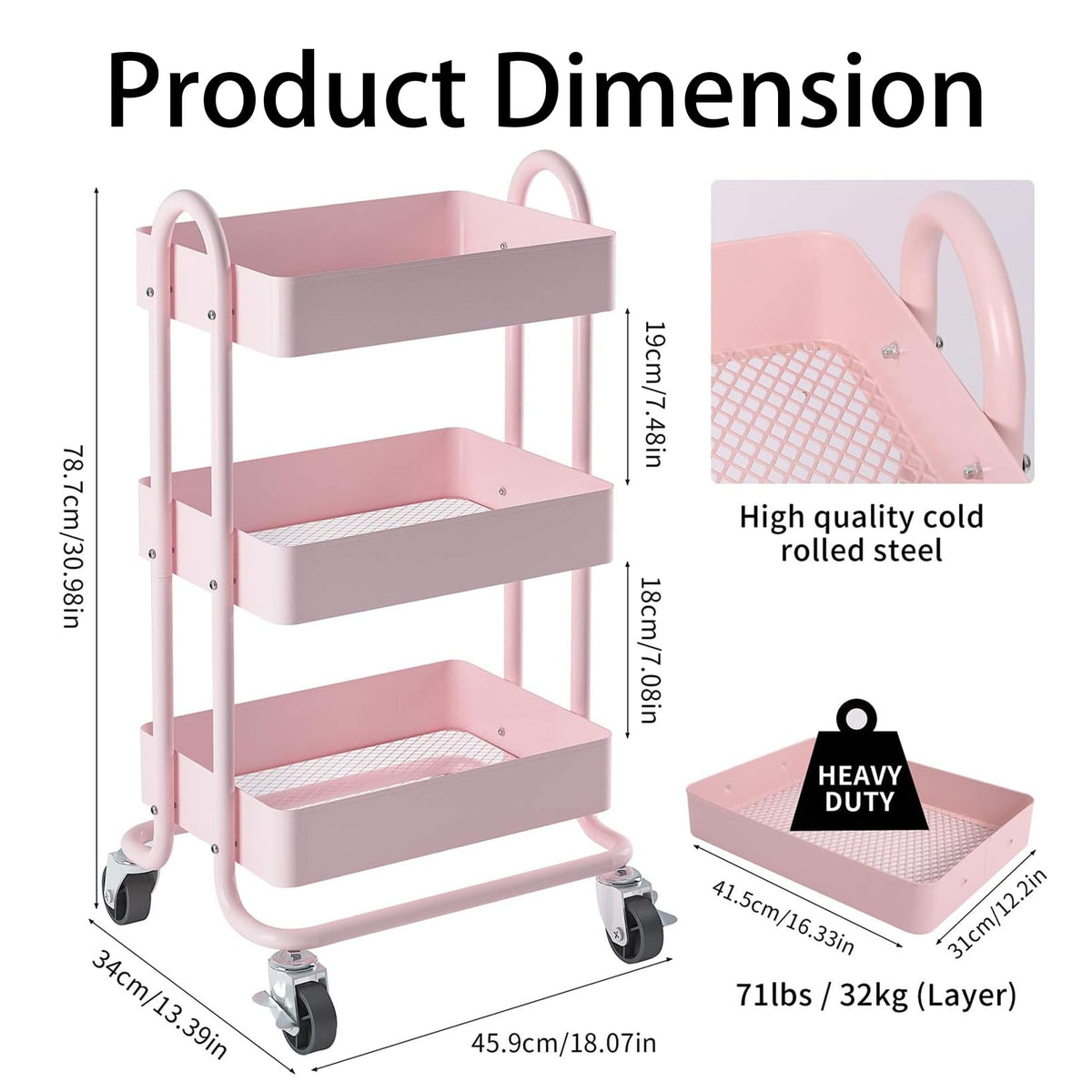 Elitehouse Metal Rolling Cart,3-Tier Pink Rolling Cart with Wheels,Metal Utility Cart with Wheels