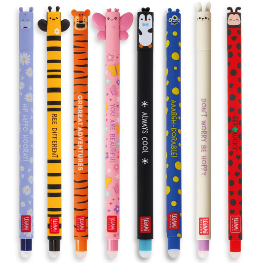 LEGAMI Set of 8 erasable gel pens, animal theme, ball at the end to erase ink, black, blue, purple