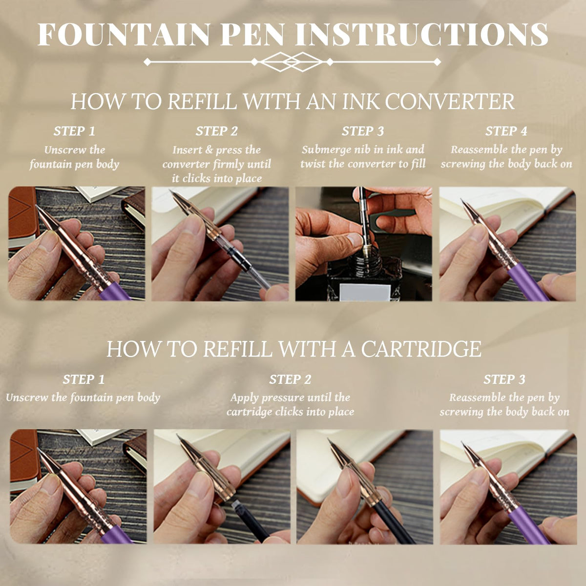 YUNCHUN Refillable Fountain Pen Fine Nib, Fancy Ink Pen with 10 Black & 10 Blue Ink Refills