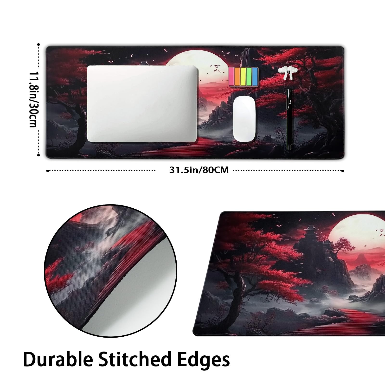 Black Red Japanese Mouse Pad XL Moon Sakura Cherry BLoosm Tree Extended Table Mat 80X30 cm Non-Slip
