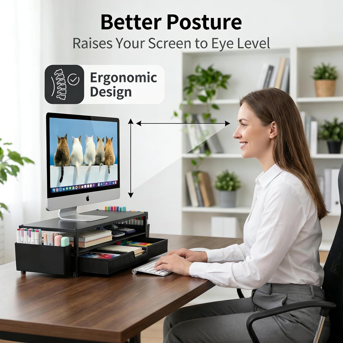 ECOLOVI Desk Organizer and Accessories, 2-Tier Computer Monitor Stand Rise with Storage Drawer & 2