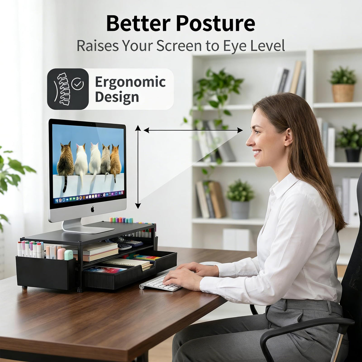 ECOLOVI Desk Organizer and Accessories, 2-Tier Computer Monitor Stand Rise with Storage Drawer & 2