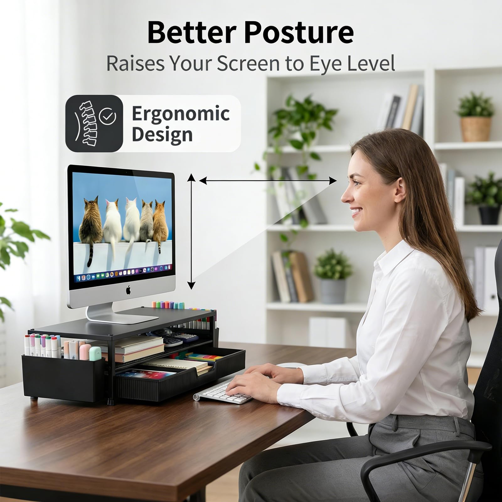 ECOLOVI Desk Organizer and Accessories, 2-Tier Computer Monitor Stand Rise with Storage Drawer & 2