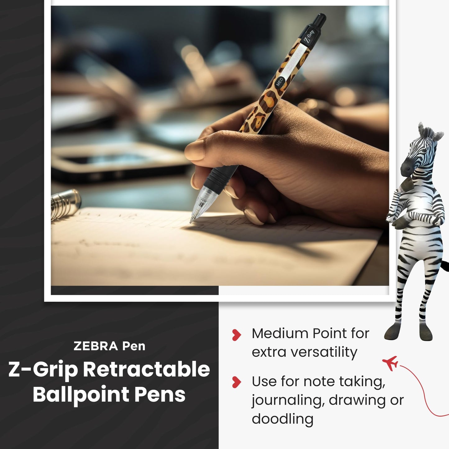 ZEBRA Pen Z Grip Black Pens Ballpoint, Smooth & Funky Ballpoint Pens With Pocket Clip, Retractable
