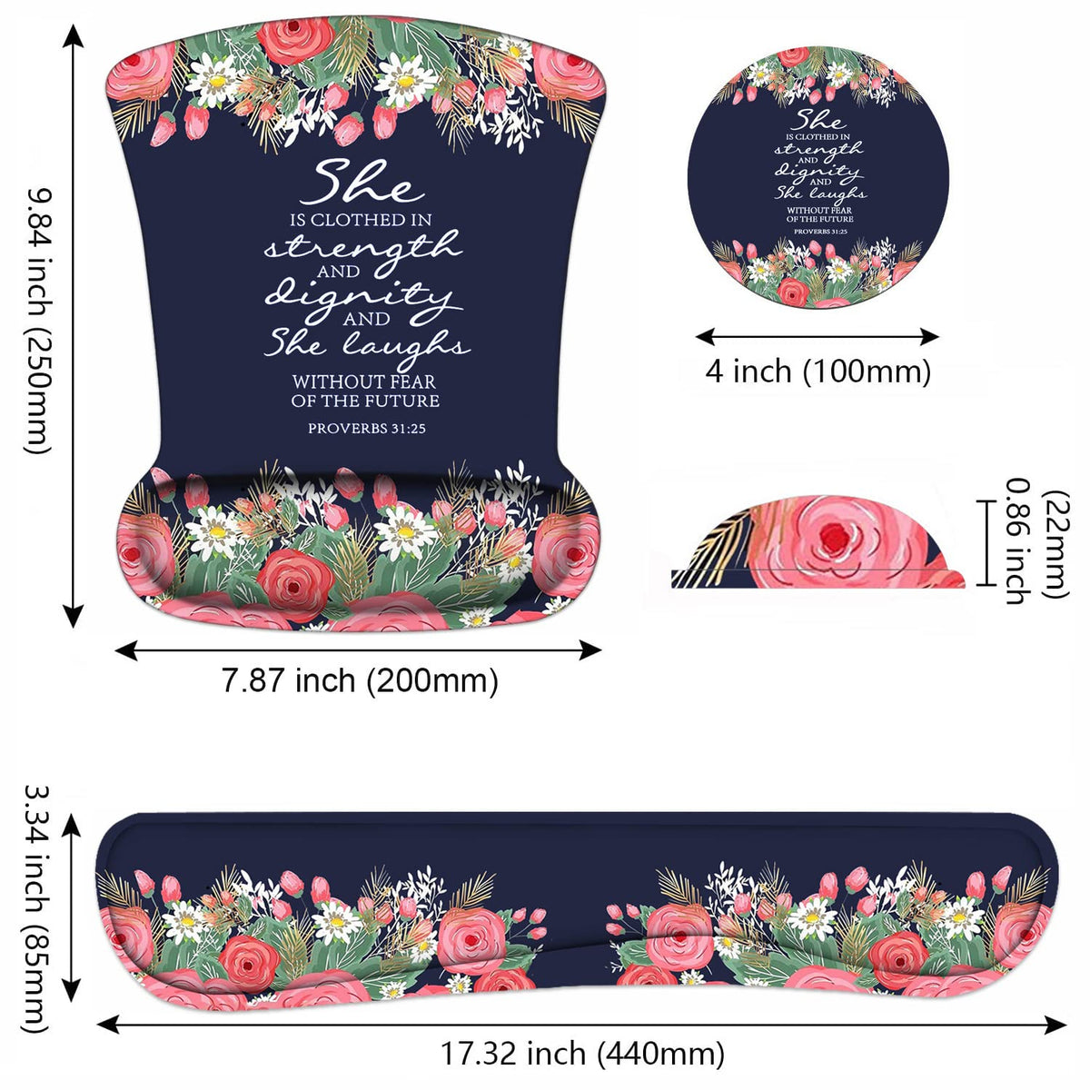 Keyboard Wrist Rest and Mouse Pad Wrist Support Set with Coasters, Floral Quote Bible Verses