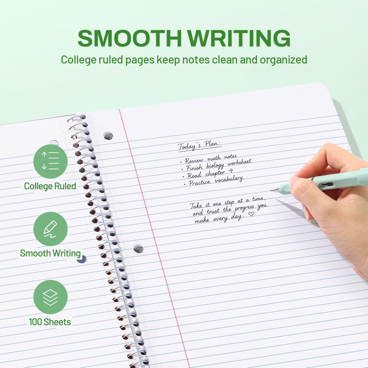 SUNEE Spiral Notebook, 1-Subject, College Ruled Paper, 8" x 10-1/2", 100 Sheets per Notebook