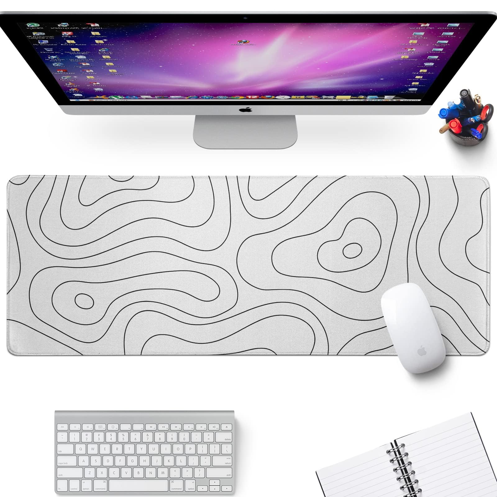 White Large Gaming Mouse Pad Desk Pad Topographic Map Big Keyboard Mat 31.5x11.8inch Computer
