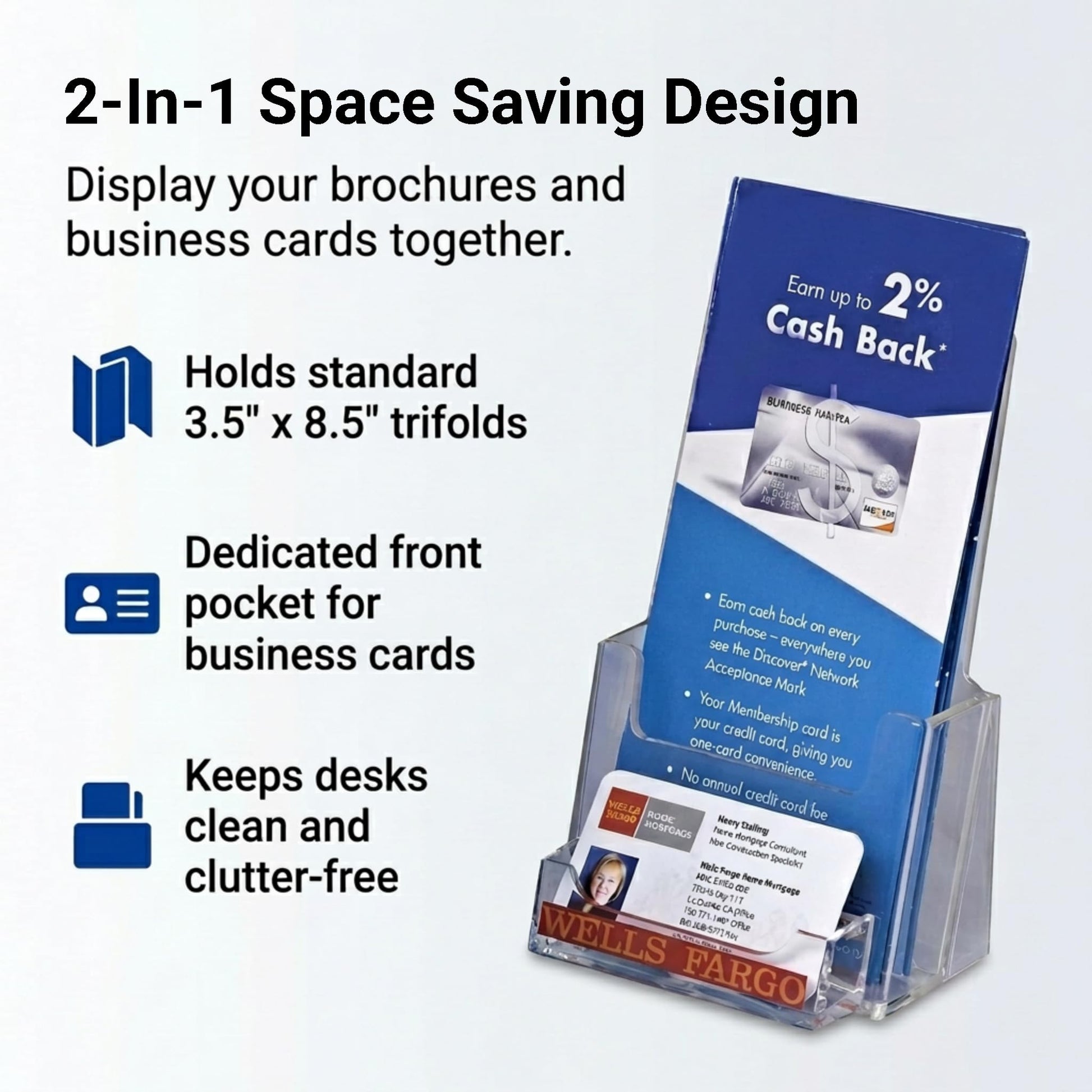 Clear-Ad - Acrylic Trifold Brochure Holder with Business Card Pocket - Rack Card Display - Pamphlet