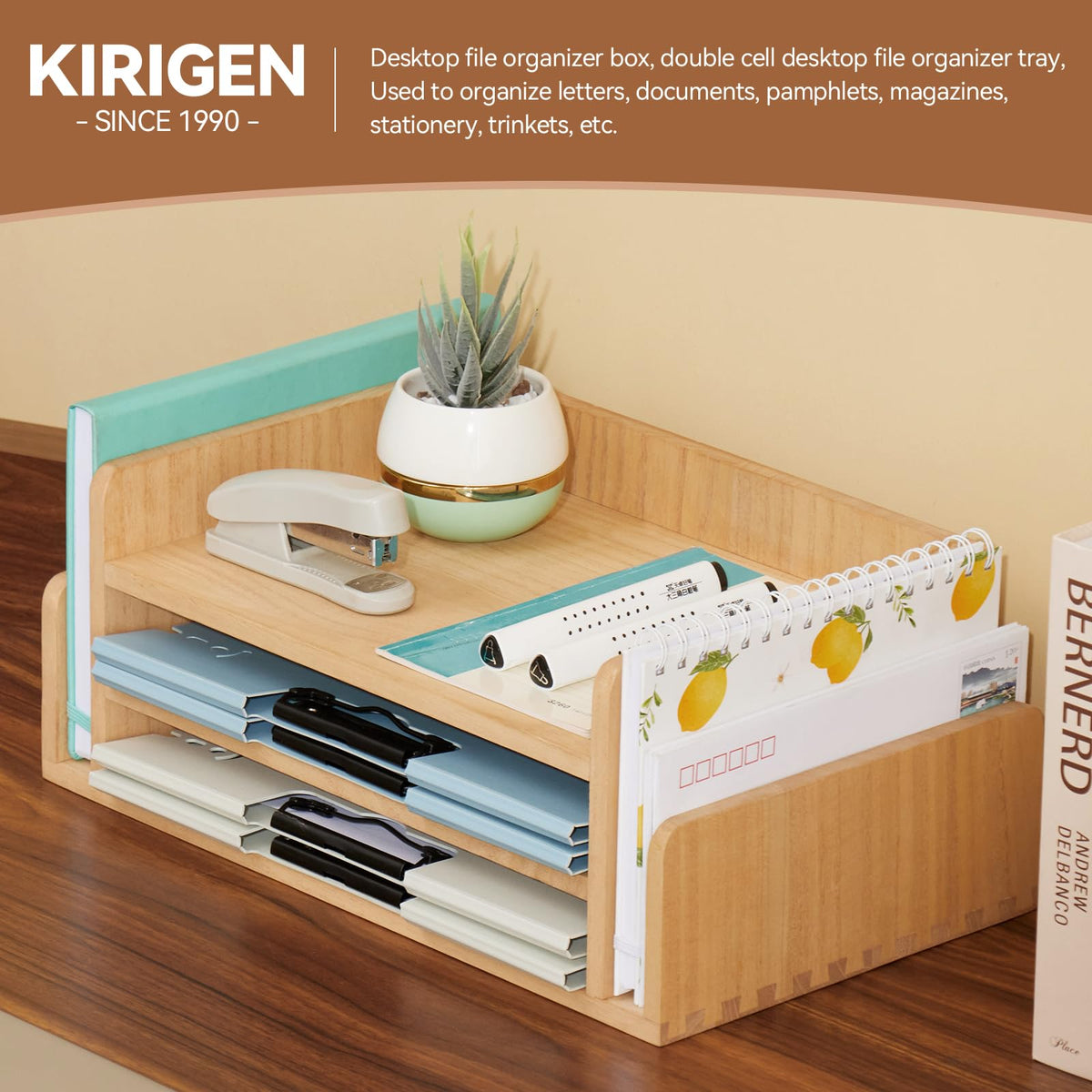 KIRIGEN Wood Desk Organizer, 5-Tray Letter Tray and Mail Sorter Natural 2TP