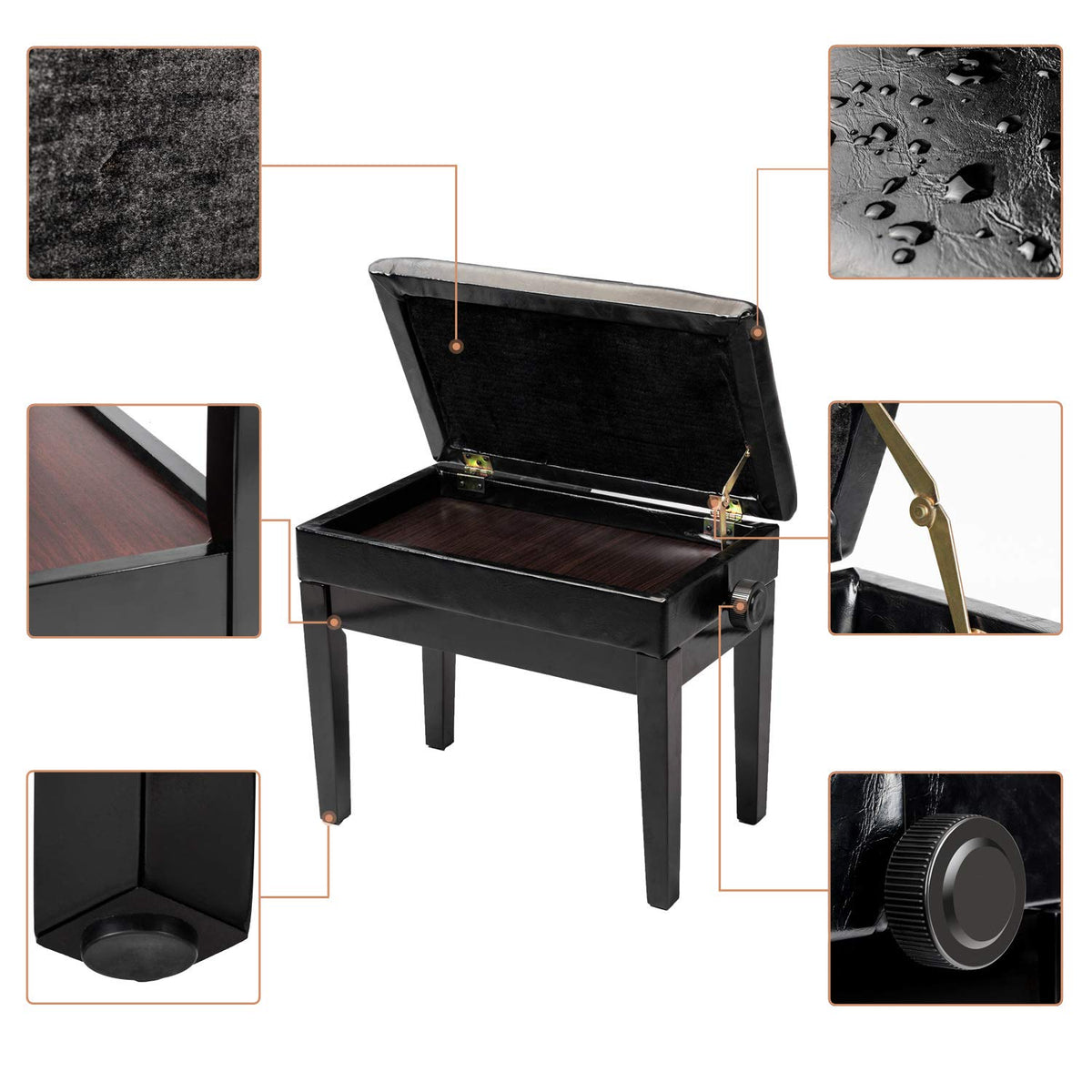 Bonnlo Piano Bench Adjustable with Storage Faux Leather Wooden Seat