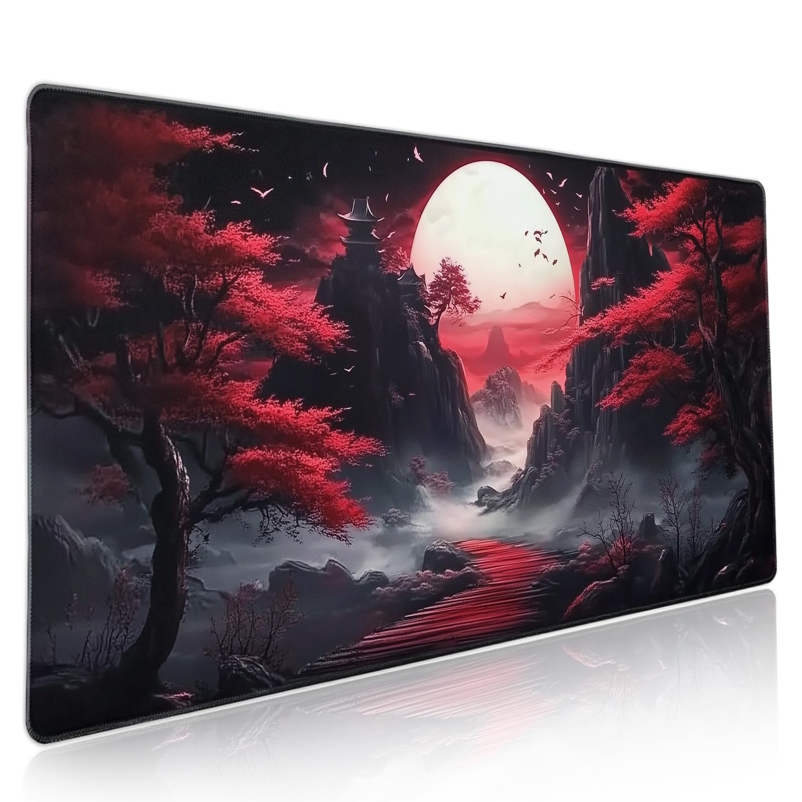 Black Red Japanese Mouse Pad XXL Moon Sakura Cherry BLoosm Tree Extended Table Mat 90X40 cm