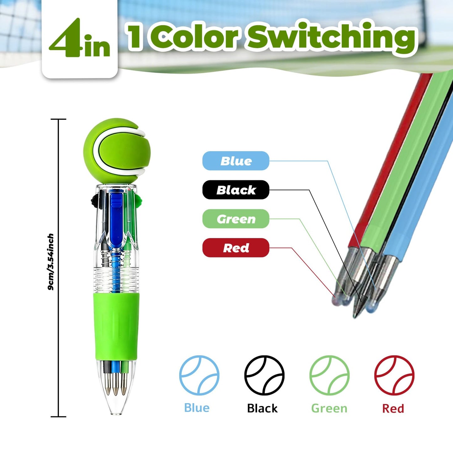 Zhirlyn Tennis Party Favors Tennis Pens Mini Multicolor Pen in One Cute Fun 4-in-1 Pens Bulk Cool