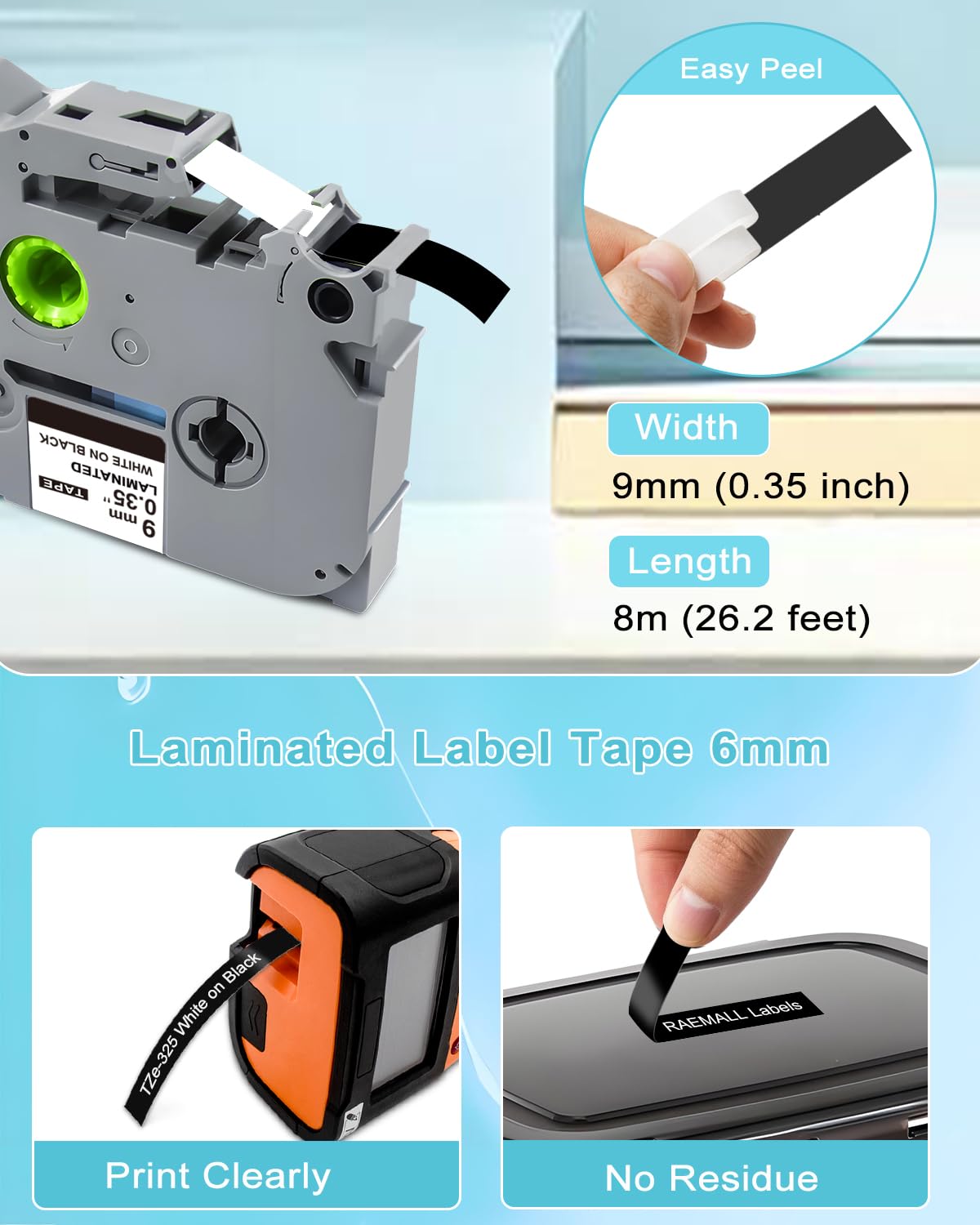 9mm 0.35" Laminated Black Label Tape Relpace for Brother TZe-325 Refills