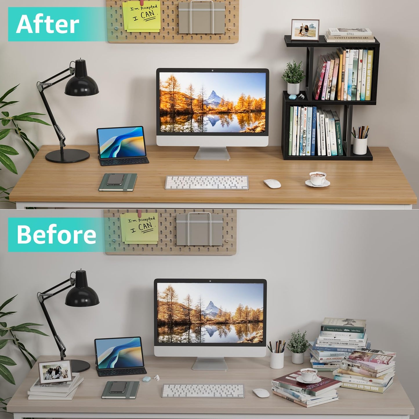 IGERI Desktop Bookshelf Shelf for Top of Desk - Black Small Organizer 3-Tier Shelves Storage