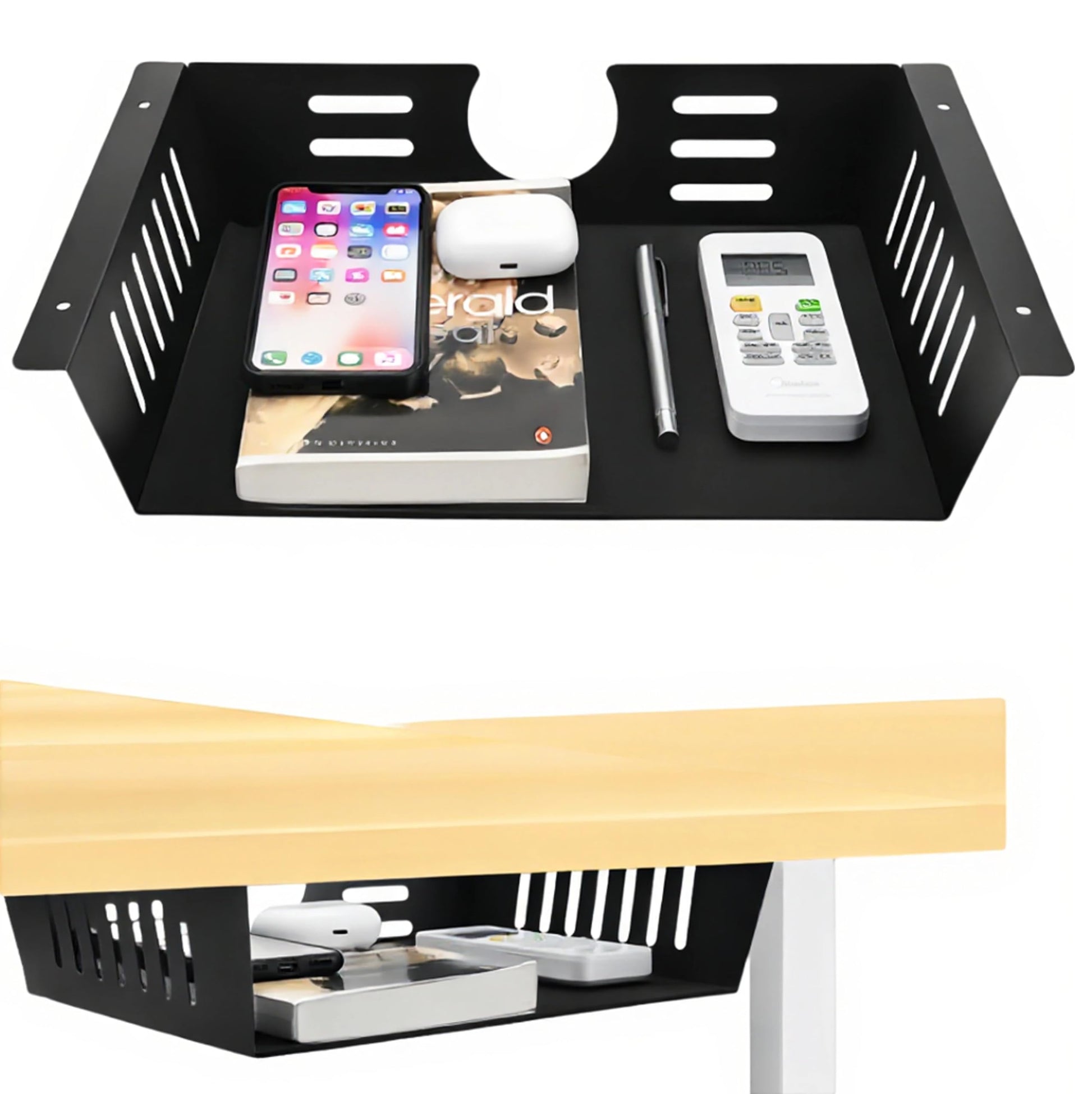 Neiteli 2 Pack Under Desk Shelf-Metal -Black Under Shelf Storage for Office Tables &