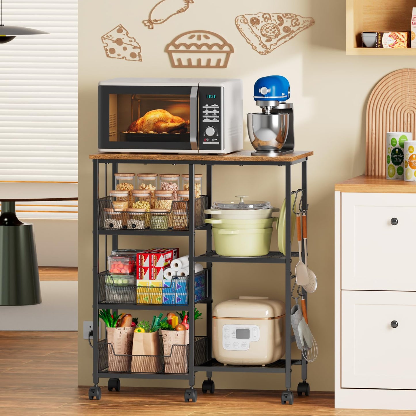 Rolling Kitchen Microwave Organizer Cart, Adjustable Shelves, Black