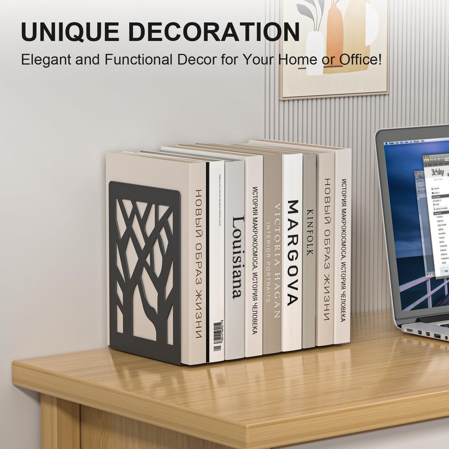 ALOTCHE Bookends 8 Pieces, Tree Design Modern Metal Bookends for Shelves, Black Tree Book Ends