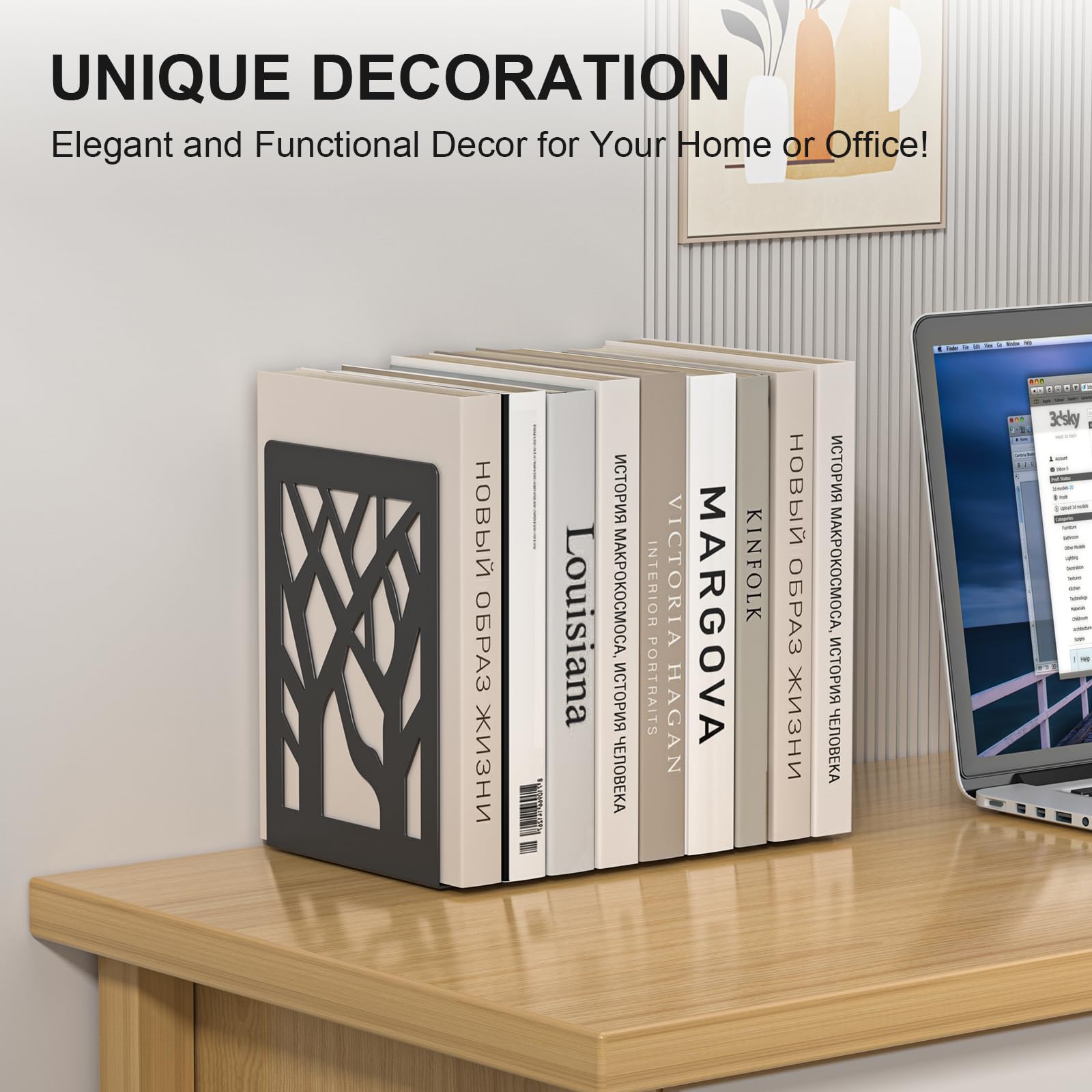 ALOTCHE Bookends 8 Pieces, Tree Design Modern Metal Bookends for Shelves, Black Tree Book Ends