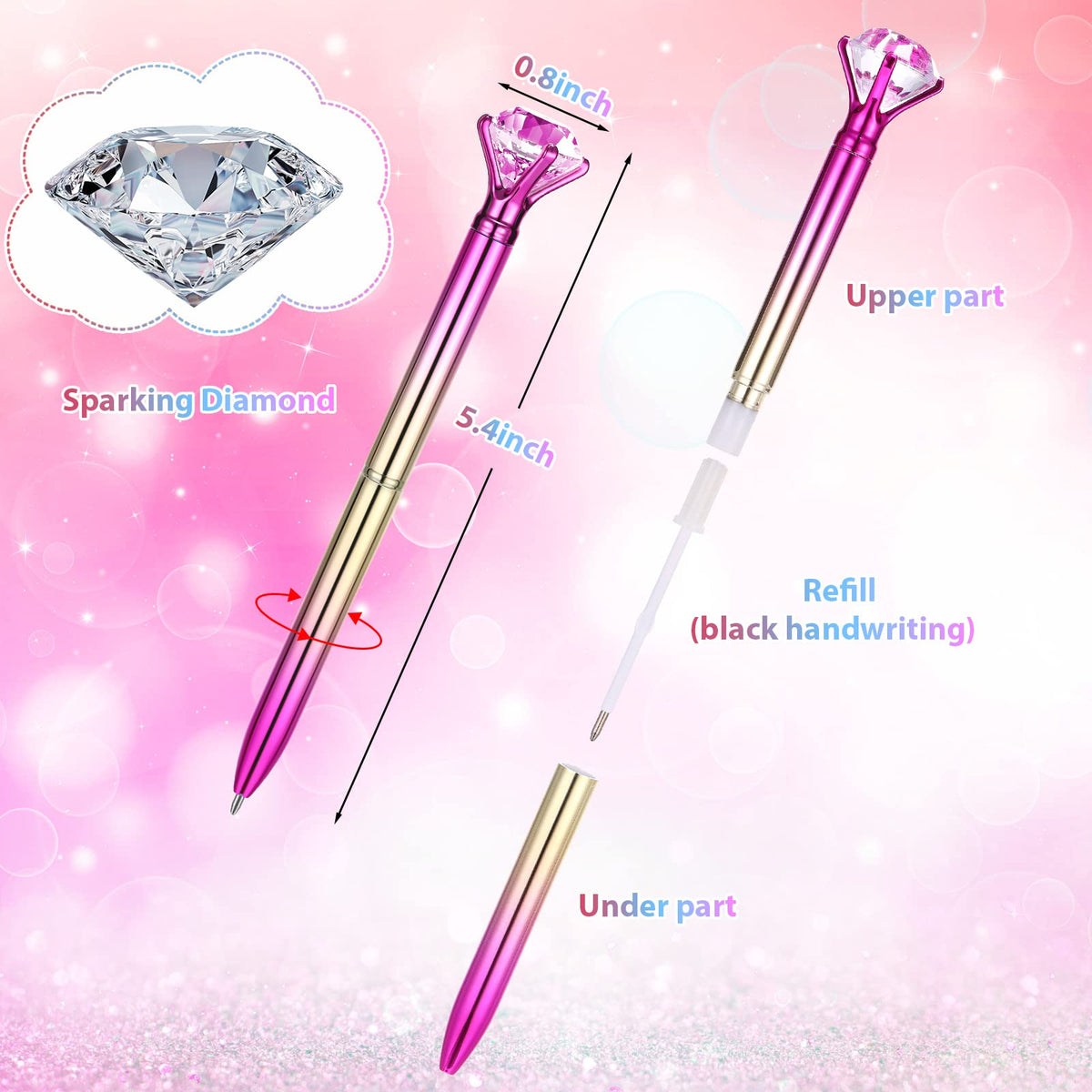 Gersoniel 24 Pcs Big Crystal Diamond Top Pens Rhinestones, Colorful Style