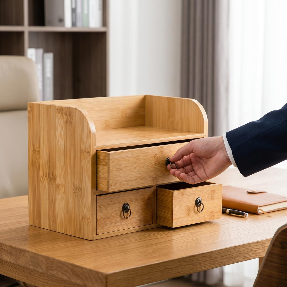 Nicunom Bamboo Desk Organizer, 3-Tier Bamboo Tabletop Storage Organization Multifunctional Desktop