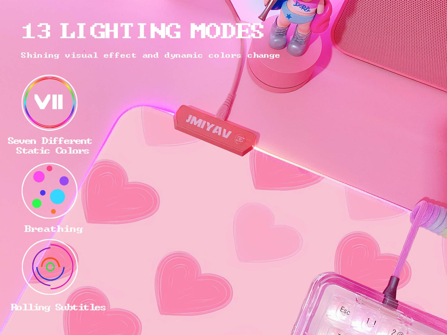 JMIYAV Pink Love Heart RGB Gaming Mouse Pad 31.5x12 Inch Cute Mousepad PC XL Large Extended Glowing