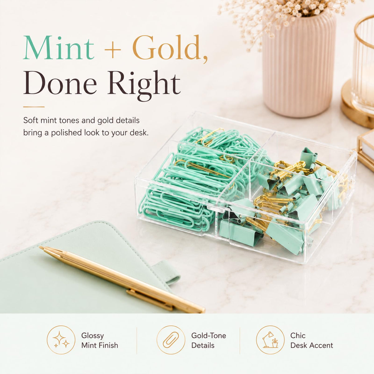 Creechwa Paper Clips & Binder Clips Set, Green & Gold, Assorted Size
