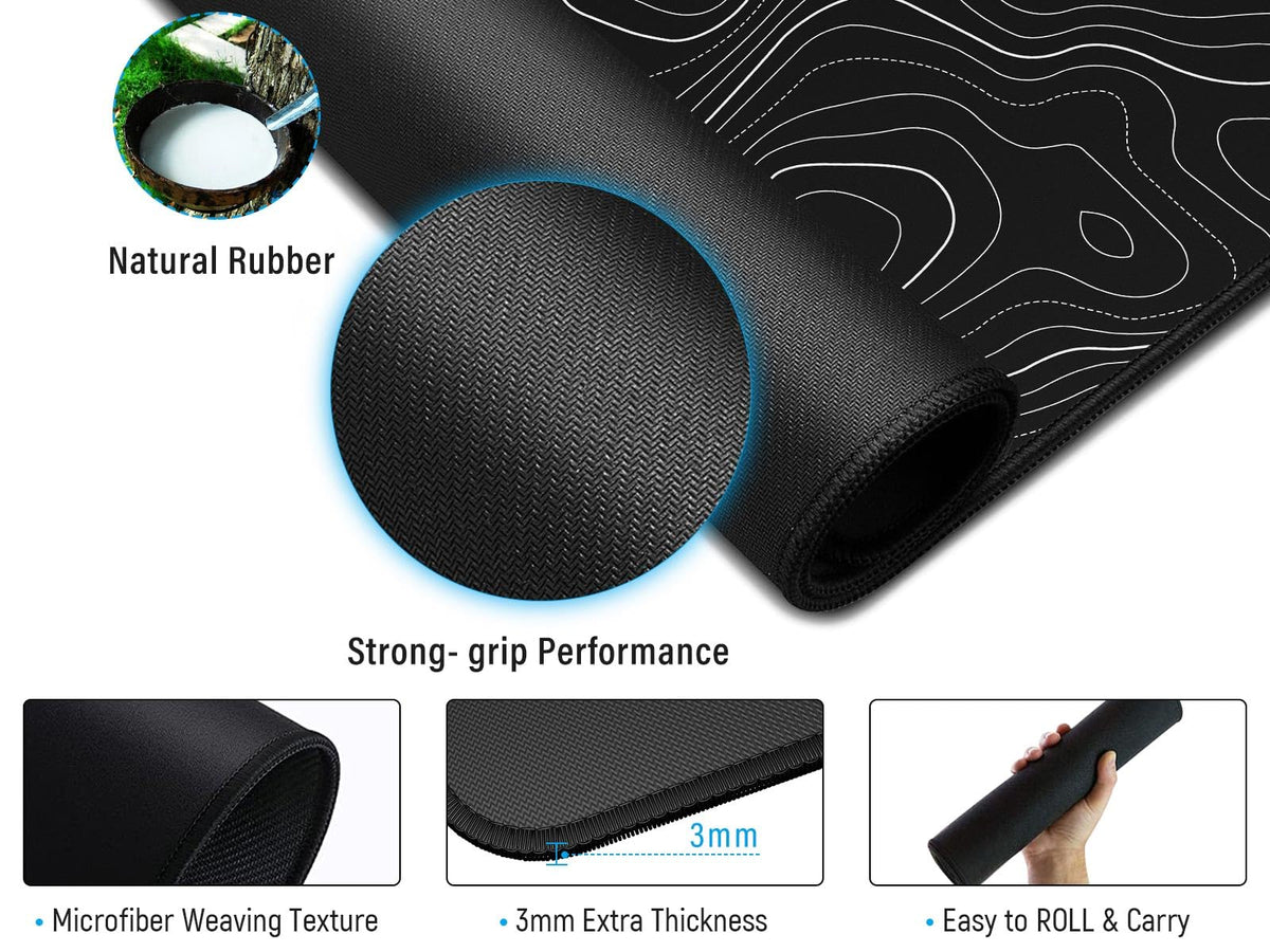 JIALONG Black Topographic Large Gaming Mouse Pad, XXL Mousepad, Big Mouse Mat Desk Pad for Keyboard