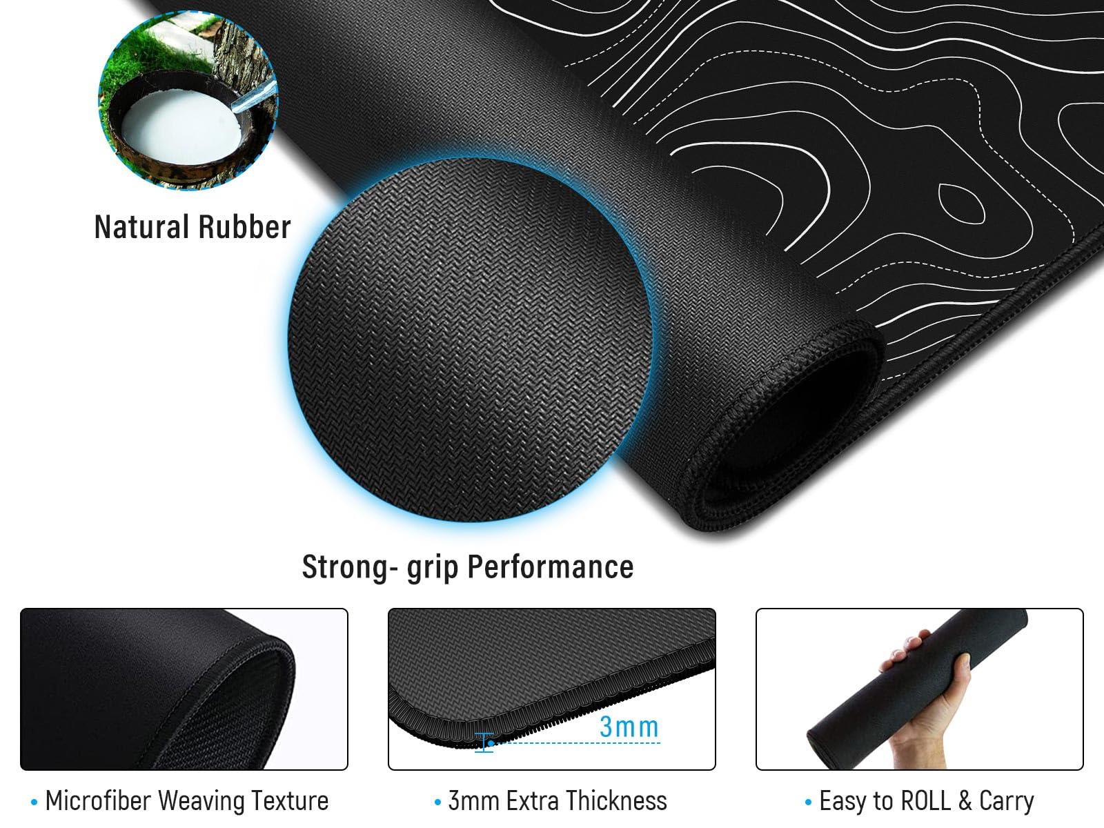 JIALONG Black Topographic Large Gaming Mouse Pad, XXL Mousepad, Big Mouse Mat Desk Pad for Keyboard