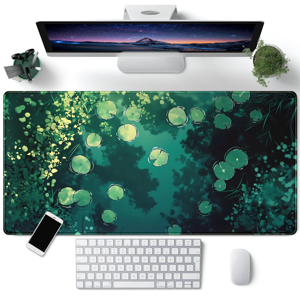 Lily Desk Mat Green Mouse Pad Large Cute Pond Desk Pad Gaming Mousepad XXL 31.5''X15.7'' Plant