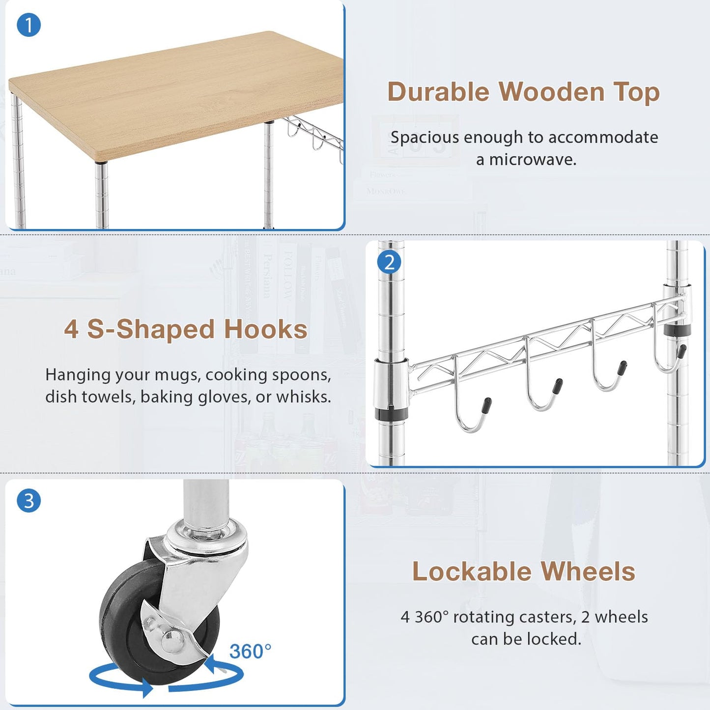 BolDuck 450Lbs Capacity Microwave Cart with Wheels, 3 Tier Rolling Cart with Adjustable Shelves