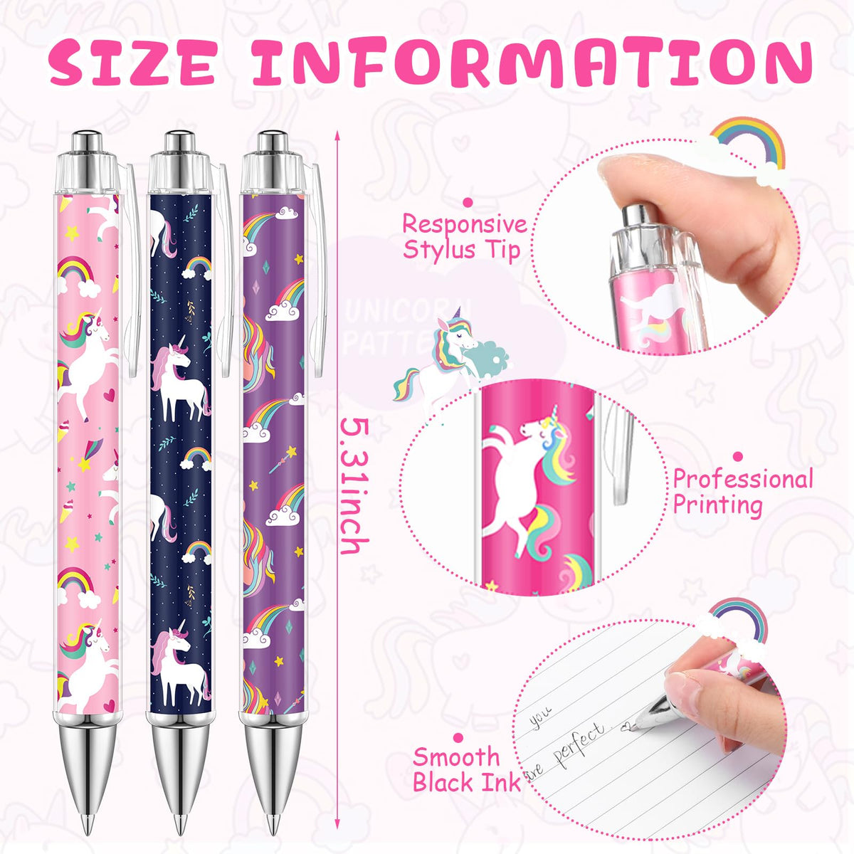 TecUnite 30 Pcs Unicorn Ballpoint Pens Cute Cartoon Unicorn Pens 1.00 mm Cute Black Ink Rainbow