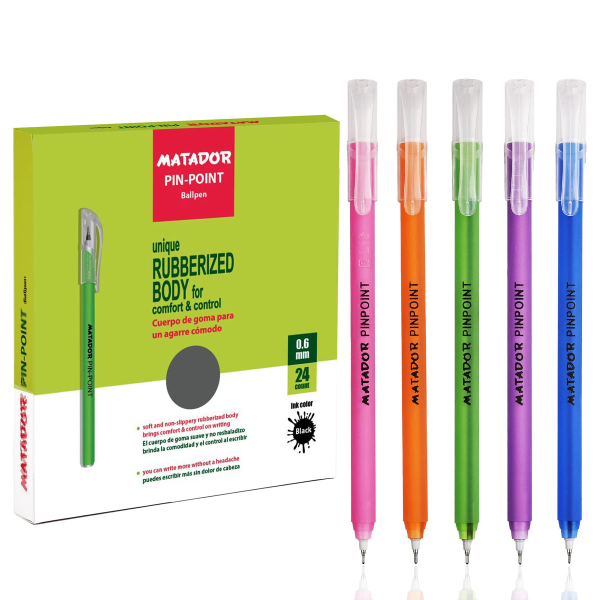 Matador Ballpoint for Journaling - Assorted Color Rubberized Body Fine Black Ink Pens - Writing