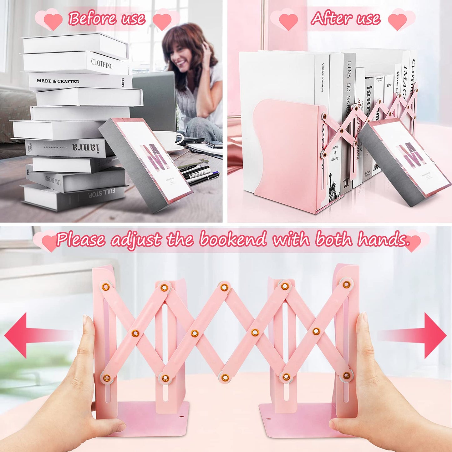 Non Skid Book Ends to Hold Books, Carooyac Heavy Duty Bookends Adjustable Book End, Metal Bookends