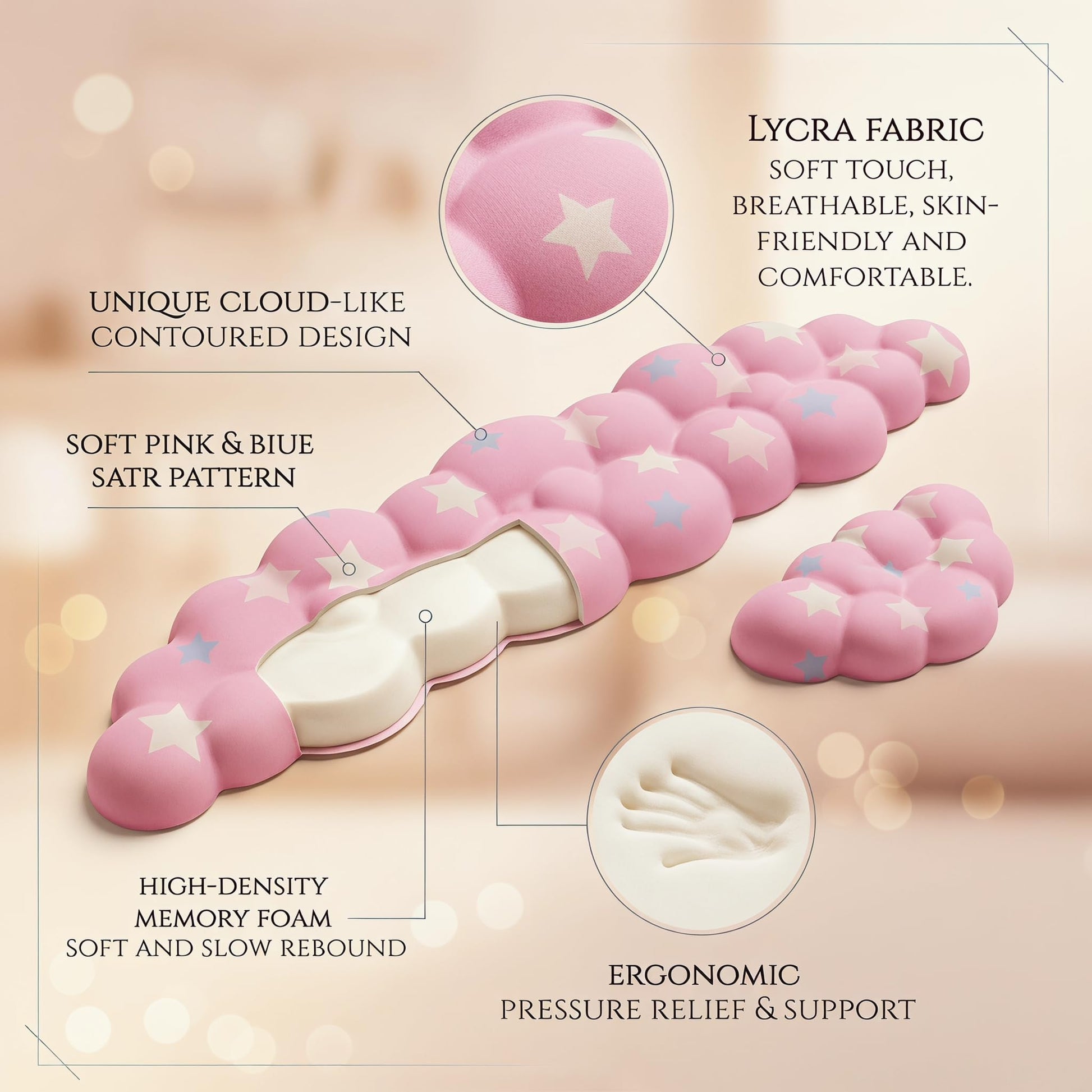 LJYZMD Cloud Wrist Rest Set for Keyboard & Mouse, 16.9", Pink Colorful Star