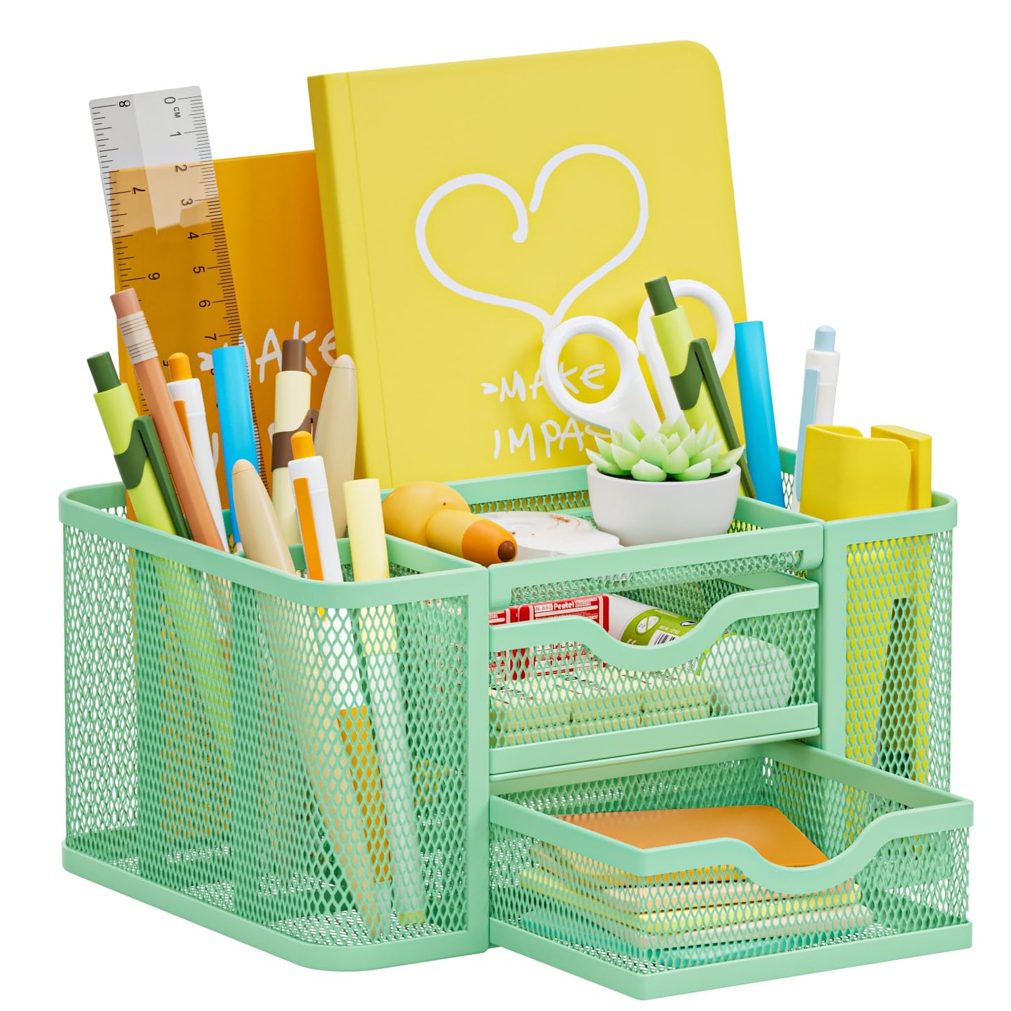 Marbrasse Mesh Desk Organizer, Pen Organizer with 2 Drawer, Multi-Functional Pencil Holder, Desk