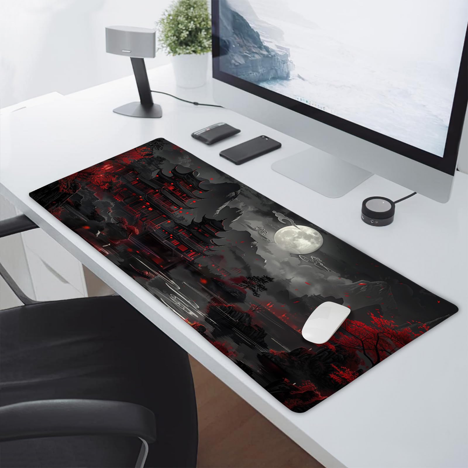 Full Moon Night Gaming Mouse Pad XXL Black Red Mountain Japanese Extended Large Mat Mousepad Desk