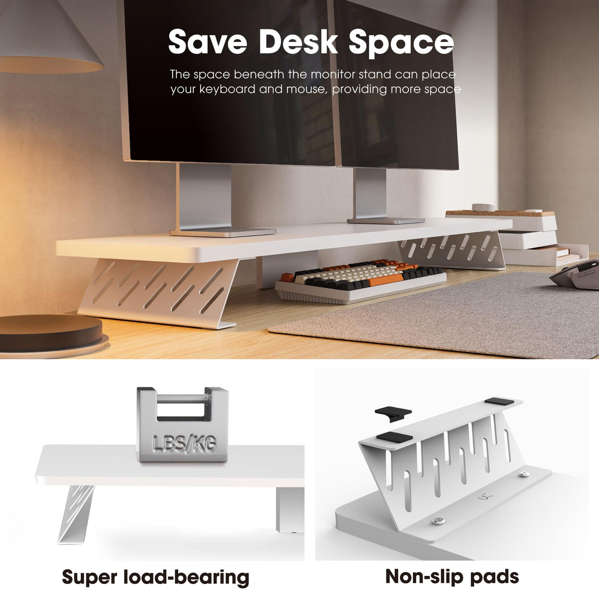 Fenge Monitor Stand Riser, Wooden & Metal Desk Shelf Organizer, White