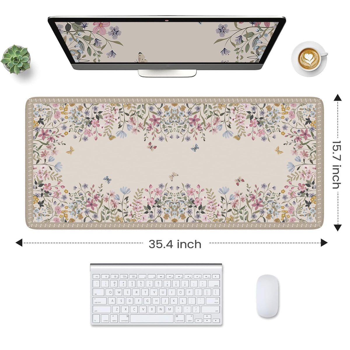 HAOCOO Beige Floral Desk Pad, Large Keyboard Mat Stitched Edge Surface