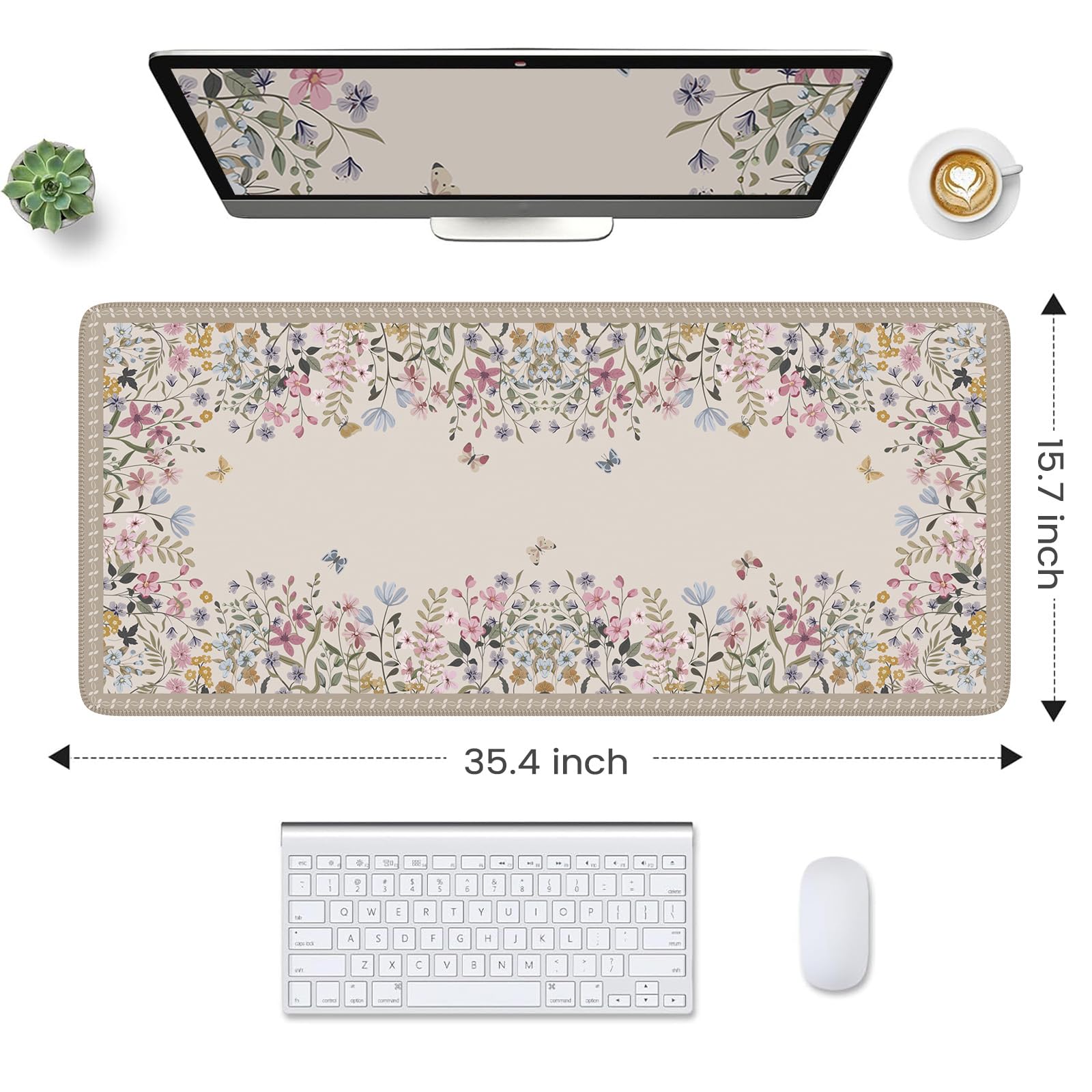 HAOCOO Beige Floral Desk Pad, Large Keyboard Mat Stitched Edge Surface