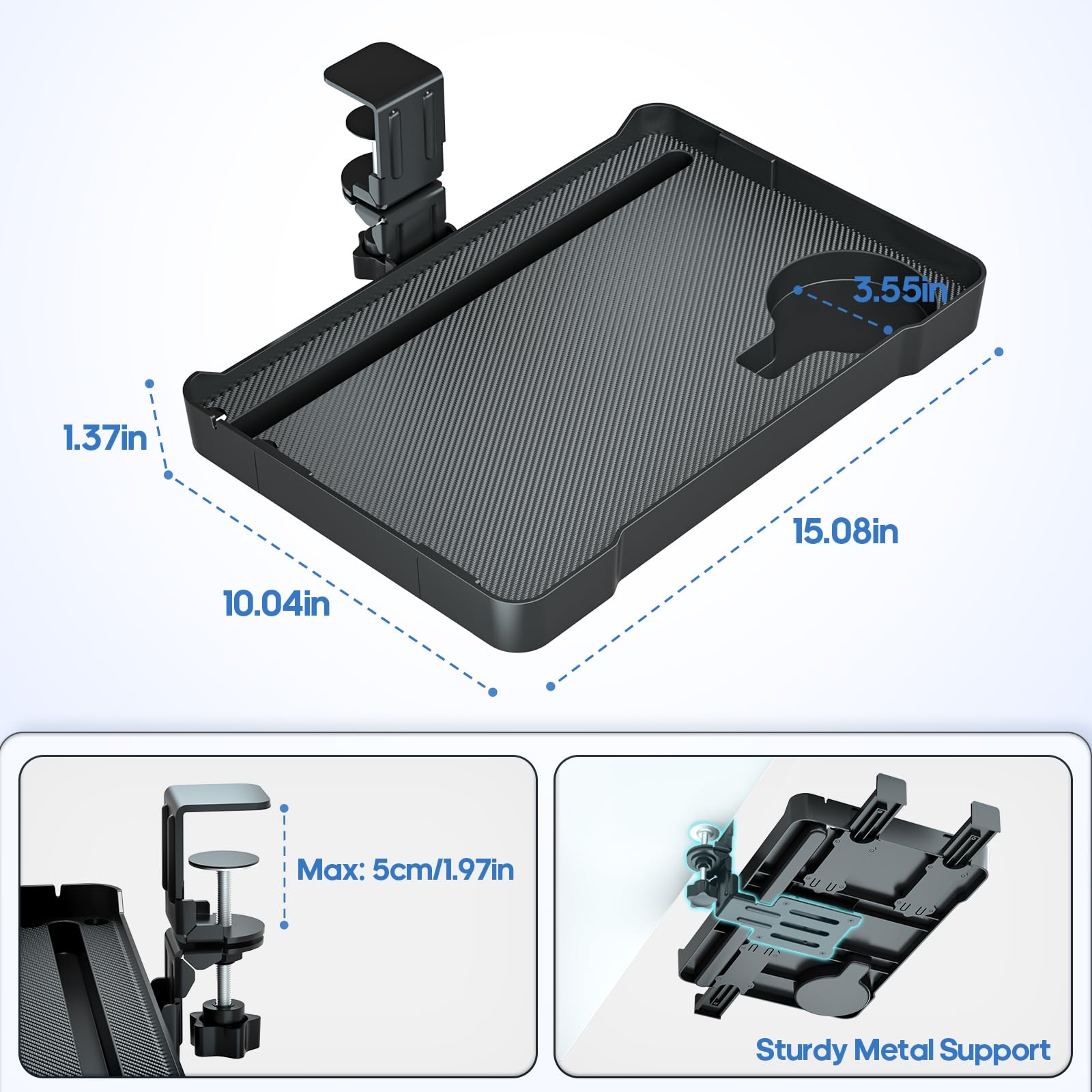 KDD Under Desk Organizer - 360° Rotating Clamp-On Tray with Headphone Hook, Phone & Tablet Holder