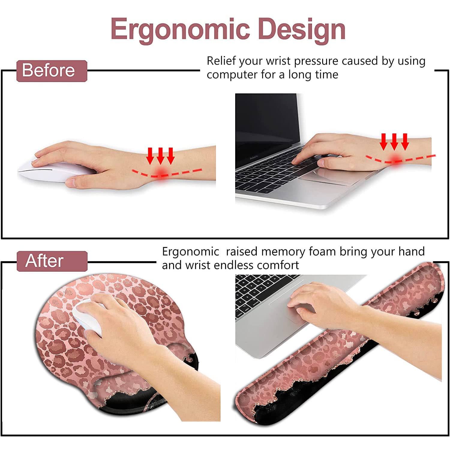 Ladies Desktop Mouse Pad with Wristband, Soft Memory Foam Keyboard Wrist Rest, Ergonomic Mouse Pad