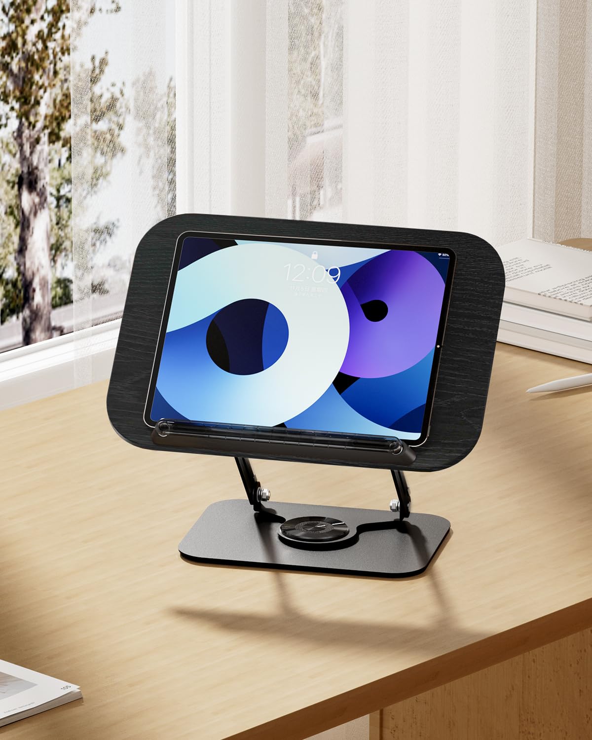 Viozon Book Stand for Reading,Book Holder, Height&Angle Adjustable, 360° Rotating Base, Foldable