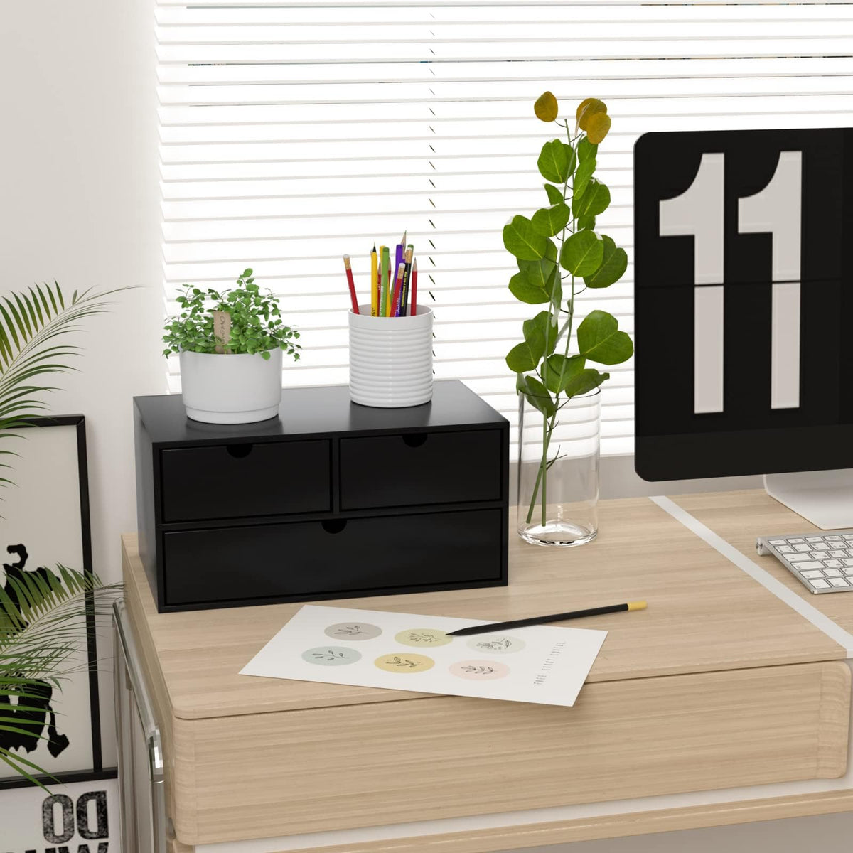 Bamboo Desk Organizer wtih Drawers Mini Desktop Drawer Tabletop Storage