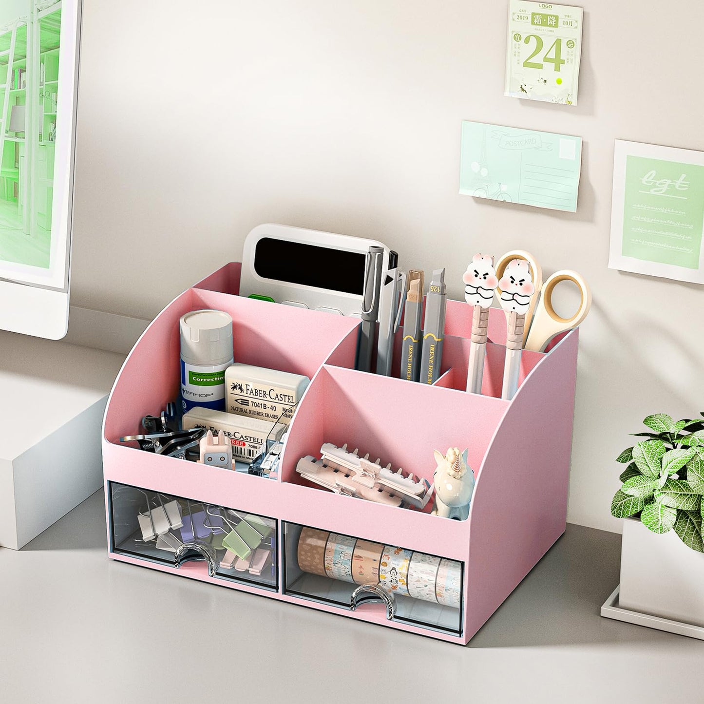 COMFYROOM Desk Organizer with 6 Compartments and 2 Drawers, Plastic Makeup Organizer, Pen Holder