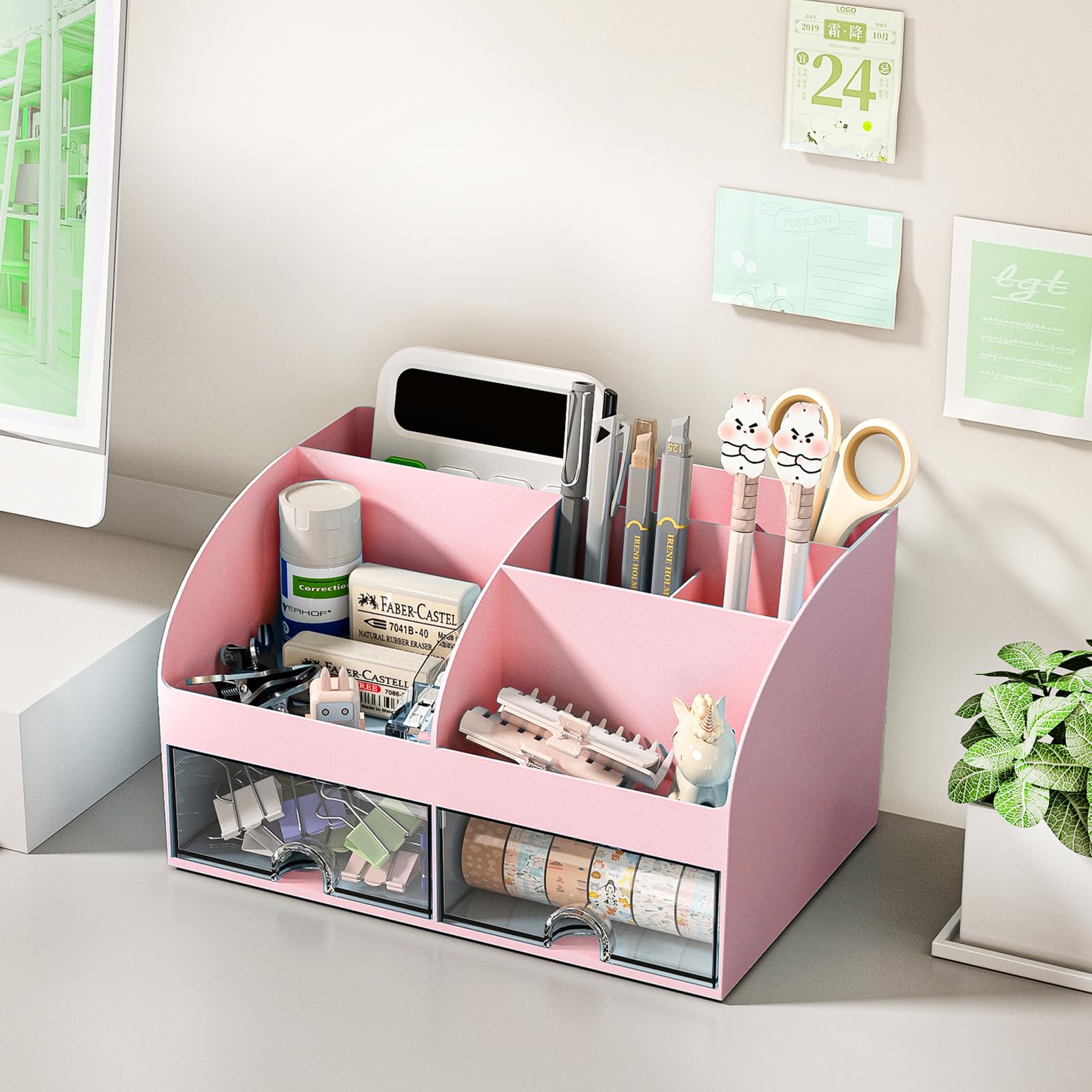 COMFYROOM Desk Organizer with 6 Compartments and 2 Drawers, Plastic Makeup Organizer, Pen Holder